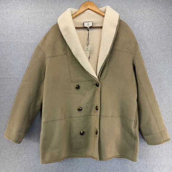 Tuckernuck NWT‎ Womens Double-Breasted Coat Faux Shearling Lining Size Large Tan - Picture 1 of 16